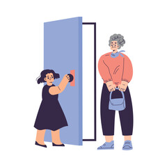 Polite Girl Character Open Door to Senior Woman Having Good Manners Vector Illustration