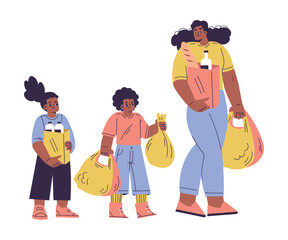 Polite Boy and Girl Character Carry Shopping Bag Help Mom Having Good Manners Vector Illustration