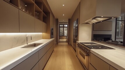 Modern Kitchen Interior with White Marble Countertops and Stainless Steel Appliances