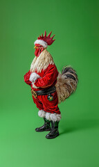 Full body photo of a realistic rooster dressed as punk rock santa claus, on a green background