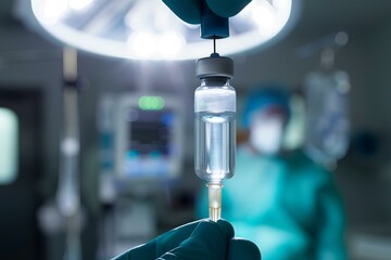 Surgeon is preparing an intravenous drip with saline solution for a patient