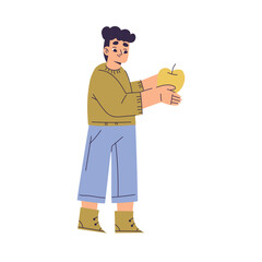Polite Boy Character Give and Share Apple Having Good Manners Vector Illustration