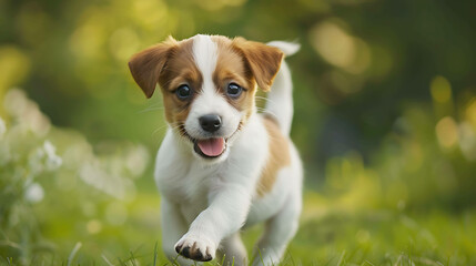 Cute puppy running in the grass. The puppy is brown and white, and has a happy expression on its face.