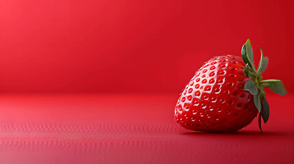 A close-up image of a fresh, ripe strawberry on a red background. The strawberry is perfectly ripe and has a glossy, red surface.