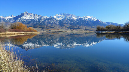 Obraz premium Snow-Capped Mountain Reflections on Lake Water. Lake mirroring a mountain range under clear skies. landscape