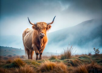 Highland Cow in Foggy Landscape - Minimalist Photography of Highland Cattle, Misty Background, Nature's Serenity, Rural Charm, Scottish Highlands, Agricultural Beauty, Tranquil Scene