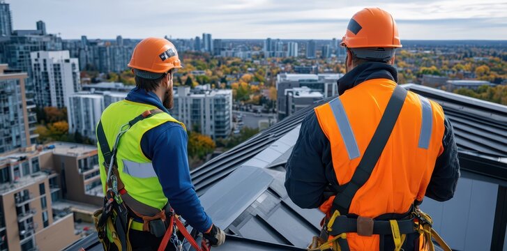 Dedicated roofing team working safely on a sloped roof, ensuring quality and protection for every project.