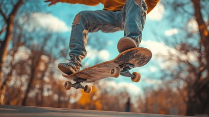 Skateboarder doing a trick in mid air with trees in background