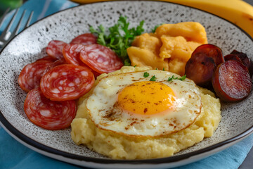 Traditional Dominican Republic breakfast on a plate, dominican mangu mashed plantains.