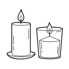 Two of burning aroma candles. Outline illustration, isolated on white background, design elements