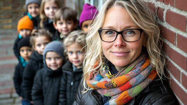 A woman smiles at the camera while standing next to a line of children wearing winter jackets