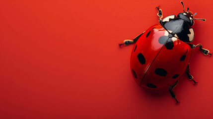 A beautiful red ladybug sits on a red background. The ladybug has black spots on its back and white spots on its head.