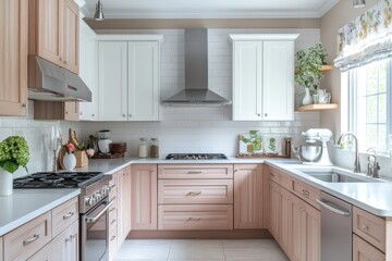 Fototapeta premium Modern Kitchen with White Cabinets, Stainless Steel Appliances, and Light Wood Accents