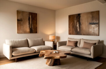 Fototapeta premium Modern Boho Living Room with Minimalist Decor, Neutral Sofa, and a Rustic Live Edge Wood Coffee Table in Earthy Tones for a Calm, Serene Ambience.