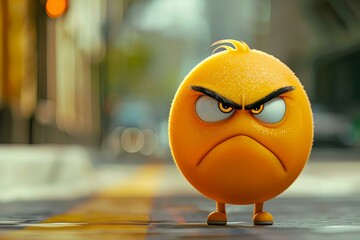 3d rendering of an angry emoji standing on a city street, conveying a concept of negativity and urban frustration