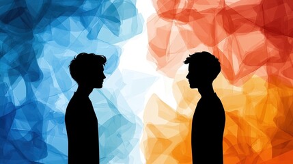 Two silhouettes facing each other against abstract red and blue background, symbolizing conflict, contrast, or duality.