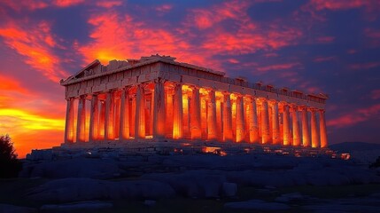 Obraz premium acropolis of athens, greece, depicted at twilight, showcasing ancient architecture against a stunning sunset backdrop, infused with historical significance and cultural richness