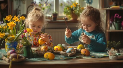 Fototapeta premium Two young girls are sitting at a table painting Easter eggs, surrounded by houses of vibrant flowers and warm sunlight streaming through the window. 