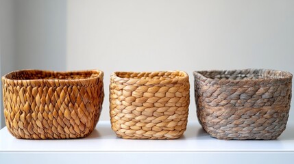 Fototapeta premium Three Wicker Baskets on a White Countertop