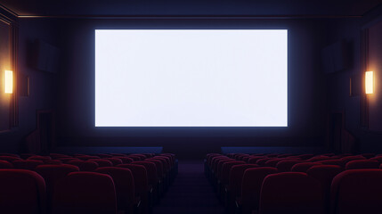 Empty Movie Theater with Screen Lit in Dark Auditorium