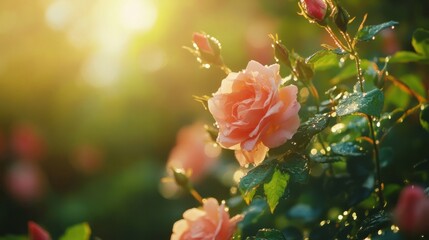 Obraz premium Close-up of morning dew on rose petals in a garden, capturing freshness and the beauty of nature