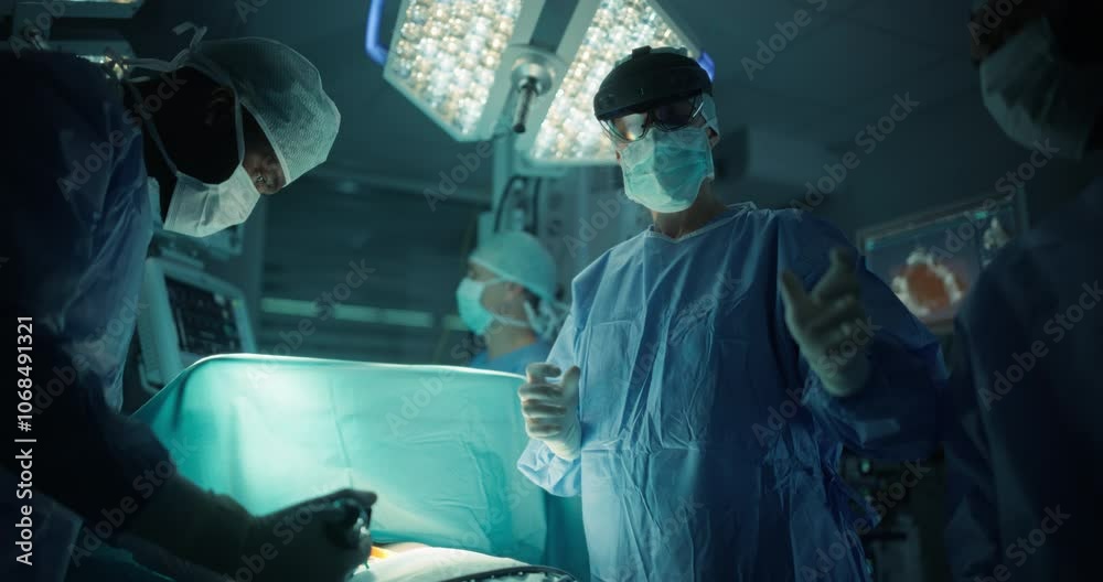 Poster portrait of a female surgeon using an ar headset, analyzing vital patient data only visible in exten