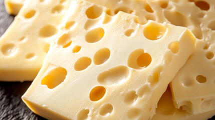 Sliced Swiss cheese lays invitingly on a wooden board, showcasing its iconic holes, perfect for enhancing snacks or enjoyed on its own in warm weather
