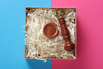 Vintage stamp and Brown wax seals in box with filler