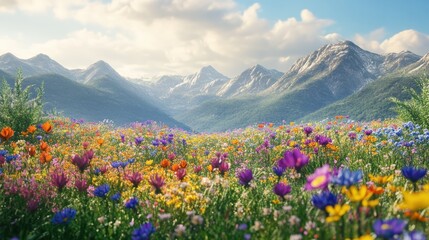 Obraz premium Field of colorful wildflowers with mountains in the background, creating a scenic garden view