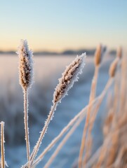 Fototapeta premium Frost blankets the landscape as the chill of winter begins to settle in, transforming the scenery into a winter wonderland.