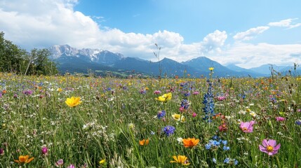 Field of colorful wildflowers with mountains in the background, creating a scenic garden view