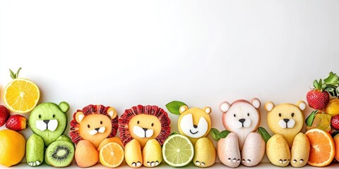 A colorful arrangement of fruit animals, showcasing creativity and fun in food presentation.
