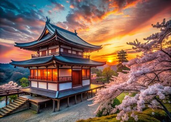 Fototapeta premium Japanese Traditional Architecture in Morning Light - Stunning Perspective of Historic Buildings, Serene Atmosphere, Cultural Heritage, and Natural Beauty in Japanese Landscape Photography