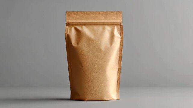 A brown stand-up pouch with a zipper closure stands on a grey background