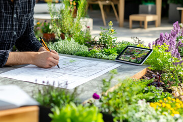 A landscape designer meticulously sketches garden plans on paper while referencing images on a tablet, surrounded by lush greenery and blooming flowers.