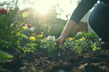 Fototapeta premium Embracing Nature: The Joy of Planting Flowers in a Sunlit Garden