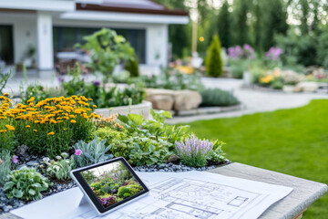 A landscape designer meticulously sketches garden plans on paper while referencing images on a tablet, surrounded by lush greenery and blooming flowers.