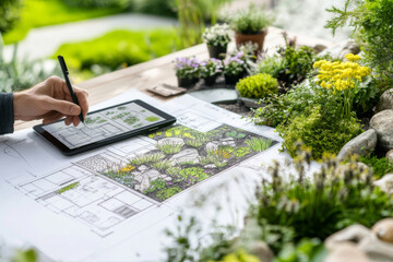 A landscape designer meticulously sketches garden plans on paper while referencing images on a tablet, surrounded by lush greenery and blooming flowers.