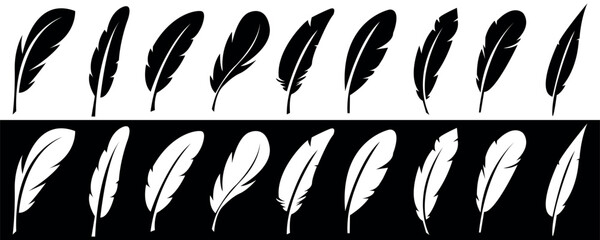 Collection of feather in a flat style. Set of bird feather in different shapes. Black quill feather silhouette. Plumelet vector illustration isolated on white and black background.