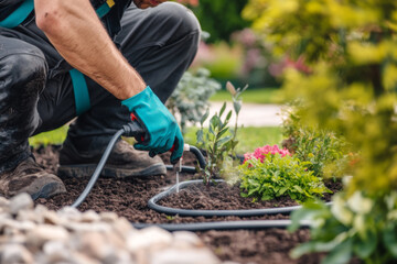 Fototapeta premium A landscaper works diligently in a vibrant garden, installing underground irrigation lines to ensure efficient watering for healthy plant growth.