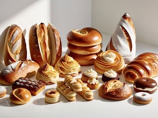 Fresh assorted baked goods on a light background, bakery