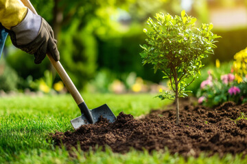A landscaper uses a shovel to plant a young tree in a colorful garden. The surrounding area features blooming flowers and lush greenery, emphasizing nature’s beauty.