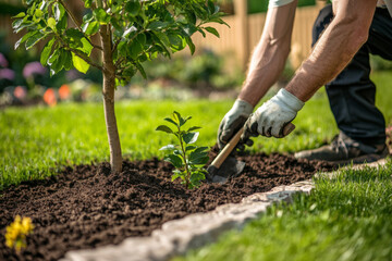 A landscaper uses a shovel to plant a young tree in a colorful garden. The surrounding area features blooming flowers and lush greenery, emphasizing nature’s beauty.