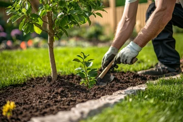 Selbstklebende Fototapeten A landscaper uses a shovel to plant a young tree in a colorful garden. The surrounding area features blooming flowers and lush greenery, emphasizing nature’s beauty. © Viktoriia