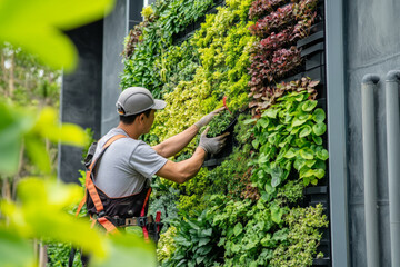 A landscaper is diligently working on a vertical garden, carefully placing various plants to create a vibrant green wall in a contemporary setting.