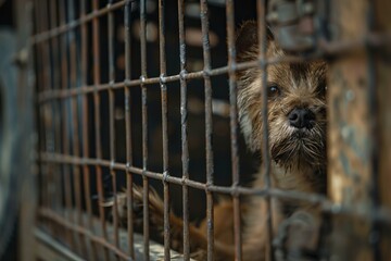 Small brown dog is peering sadly through the bars of a metal cage