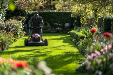 A landscaper is focused on trimming an expansive, well-maintained lawn using a lawnmower. The surrounding garden features vibrant flowers and neat hedges, enhancing the home's curb appeal.