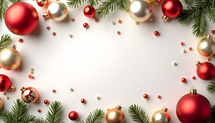 Christmas ornaments background featuring a variety of vintage and modern baubles scattered on a soft surface with vacant space for text