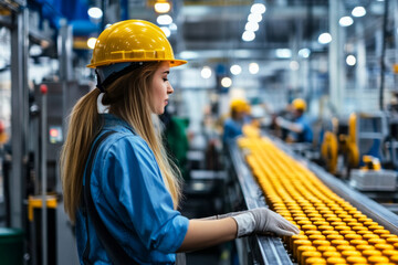A factory worker attentively monitors the assembly line, ensuring the yellow items are processed smoothly. The environment is busy with colleagues working in the background.