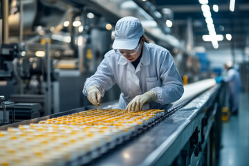A dedicated worker is closely examining medication vials on the assembly line in a pharmaceutical factory, ensuring quality control during the busy day shift.
